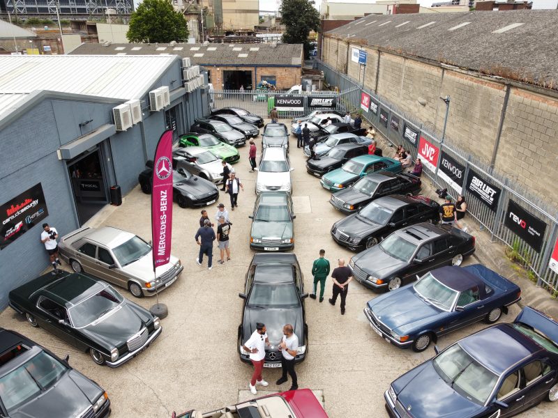 Aerial View of Mercedes-Benz cars in a busy yard.